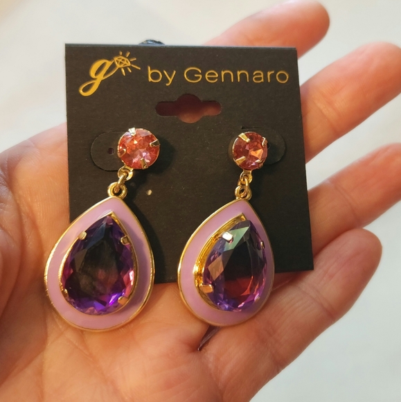 Purple Dangle Teardrop Statement Earrings by Genarro - Picture 5 of 5